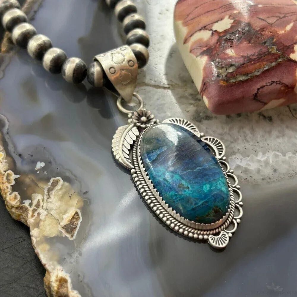 Sterling Southwestern Style Elongated Shattuckite Decorated Pendant For Women